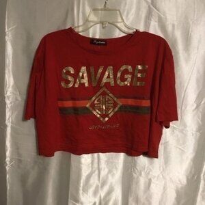 Red Cropped Graphic Screen Print Cropped Short Sleeve Savage Shirt M/L